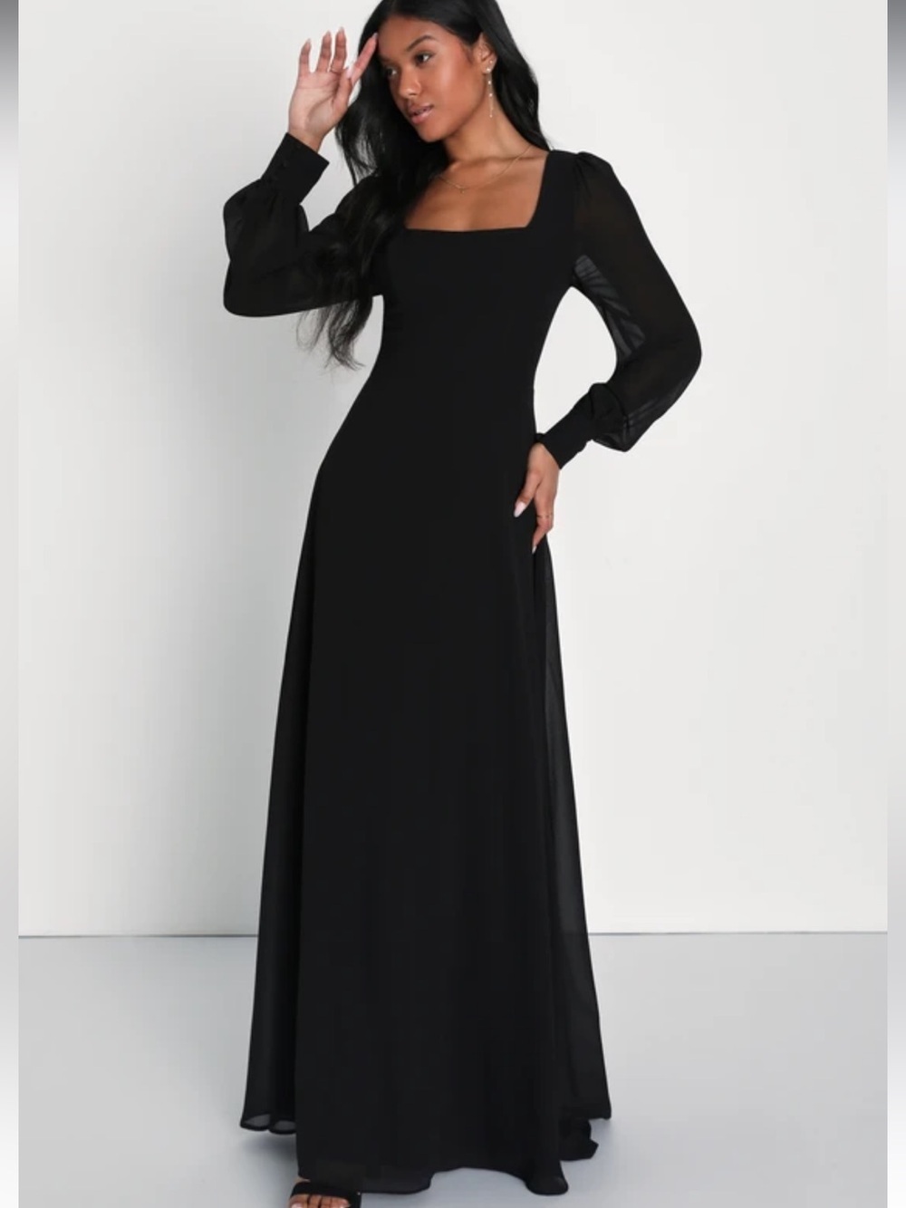 Lulus Stunning Behavior Black Square Neck Long Sleeve Maxi Dress Size Small